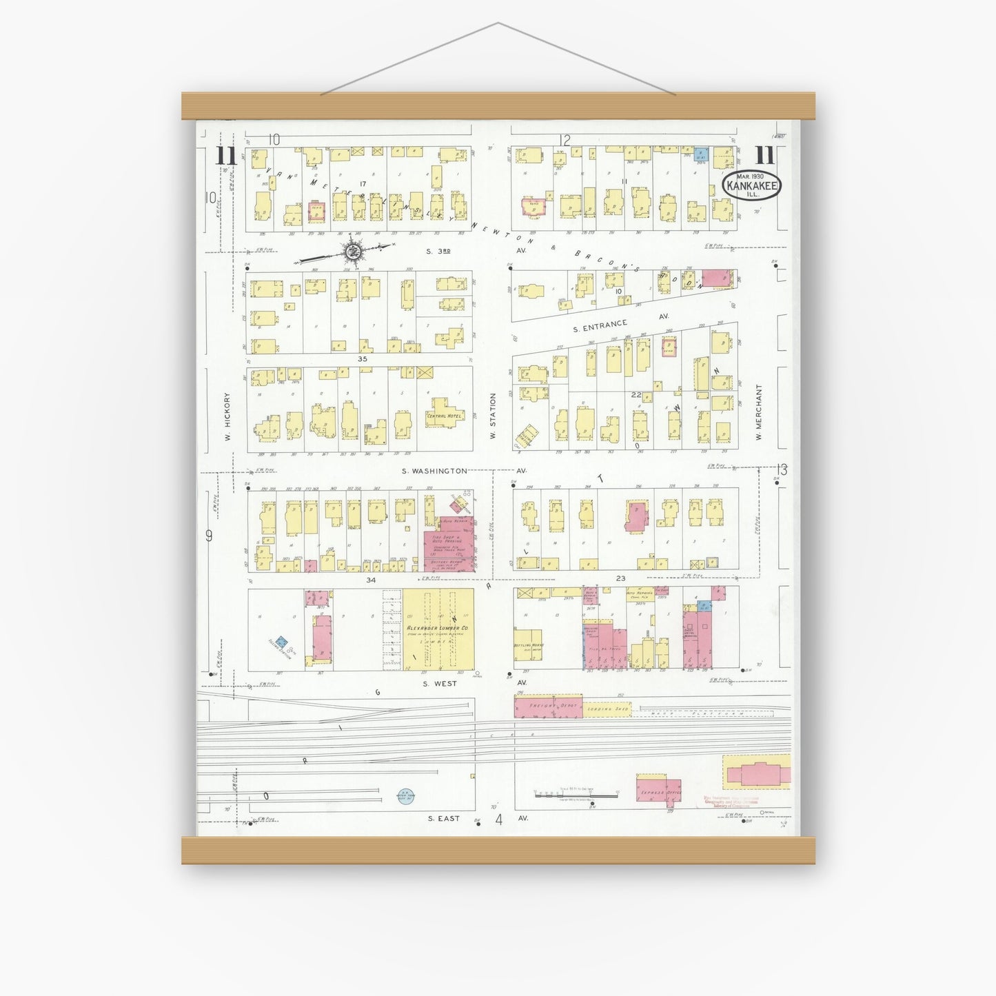 Old map wall art mockup — magnetic wood frame on white wall — Sanborn Fire Insurance Map from Kankakee, Kankakee County, Illinois (1930), Sheet #0011