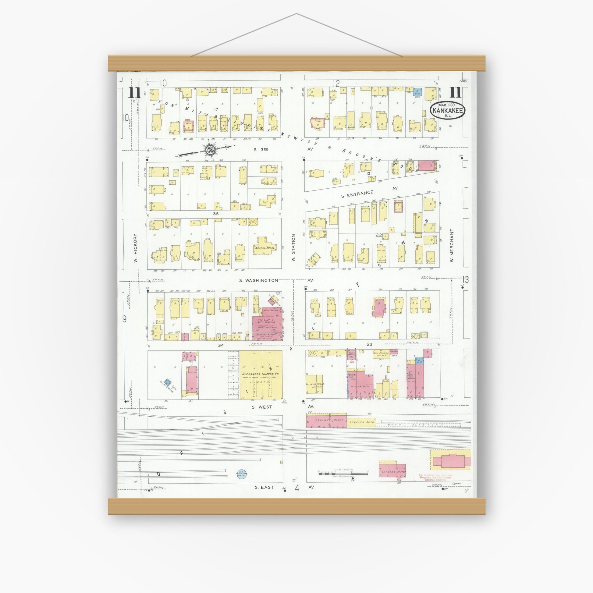 Old map wall art mockup — magnetic wood frame on white wall — Sanborn Fire Insurance Map from Kankakee, Kankakee County, Illinois (1930), Sheet #0011