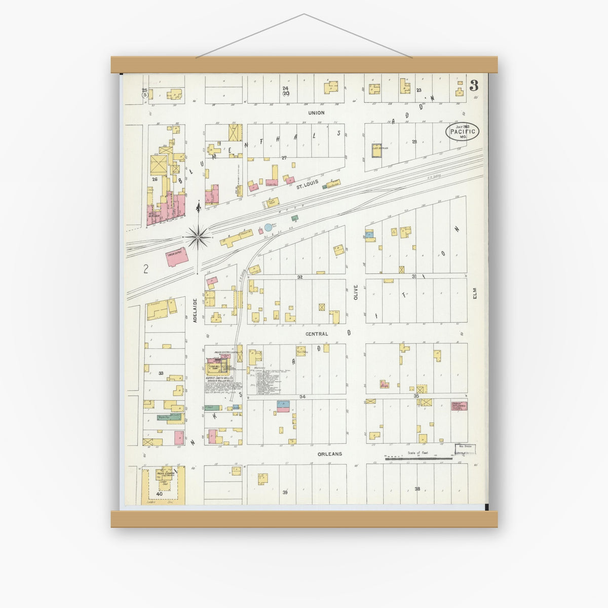 Old map wall art mockup — magnetic wood frame on white wall — Sanborn Fire Insurance Map from Pacific, Franklin County, Missouri (1903), Sheet #0003