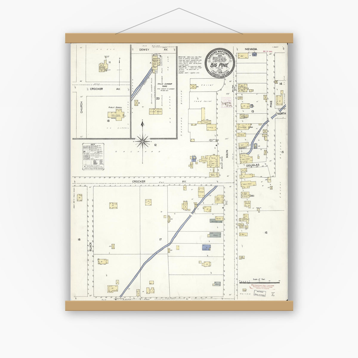 Old map wall art mockup — magnetic wood frame on white wall — Sanborn Fire Insurance Map from Big Pine, Inyo County, California (1909), Sheet #0001