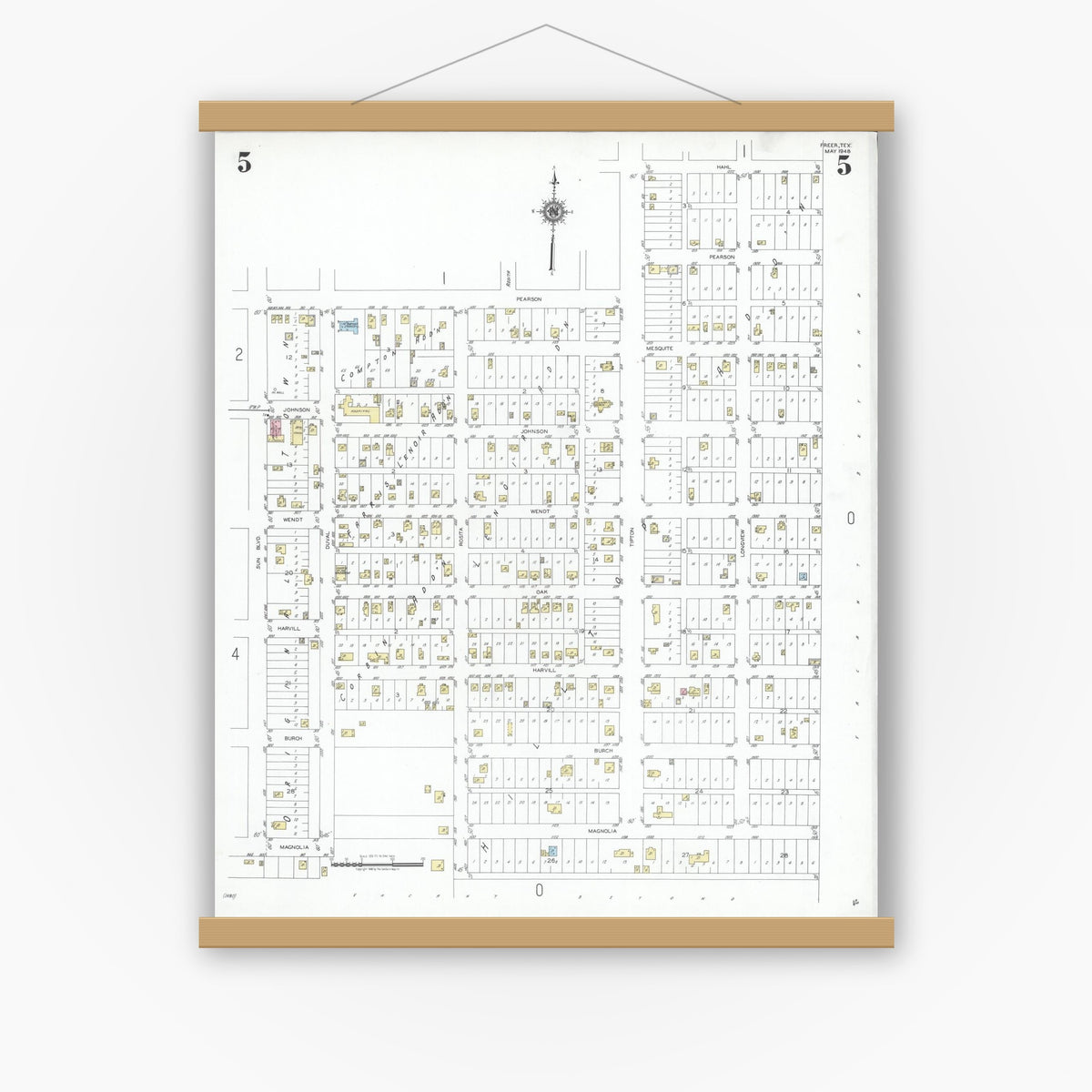 Old map wall art mockup — magnetic wood frame on white wall — Sanborn Fire Insurance Map from Freer, Duval County, Texas (1948), Sheet #0005