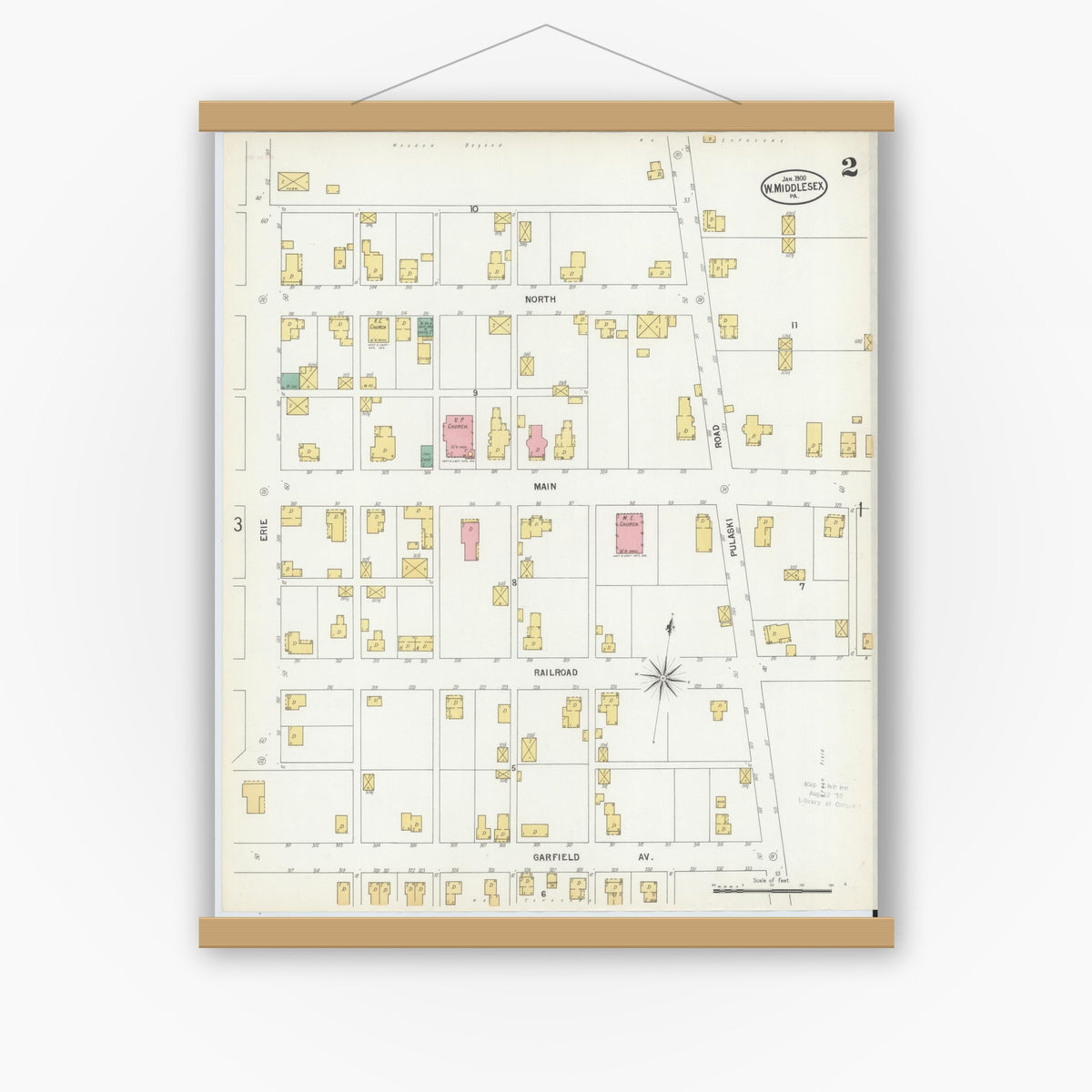 Old map wall art mockup — magnetic wood frame on white wall — Sanborn Fire Insurance Map from West Middlesex, Mercer County, Pennsylvania (1900), Sheet #0002
