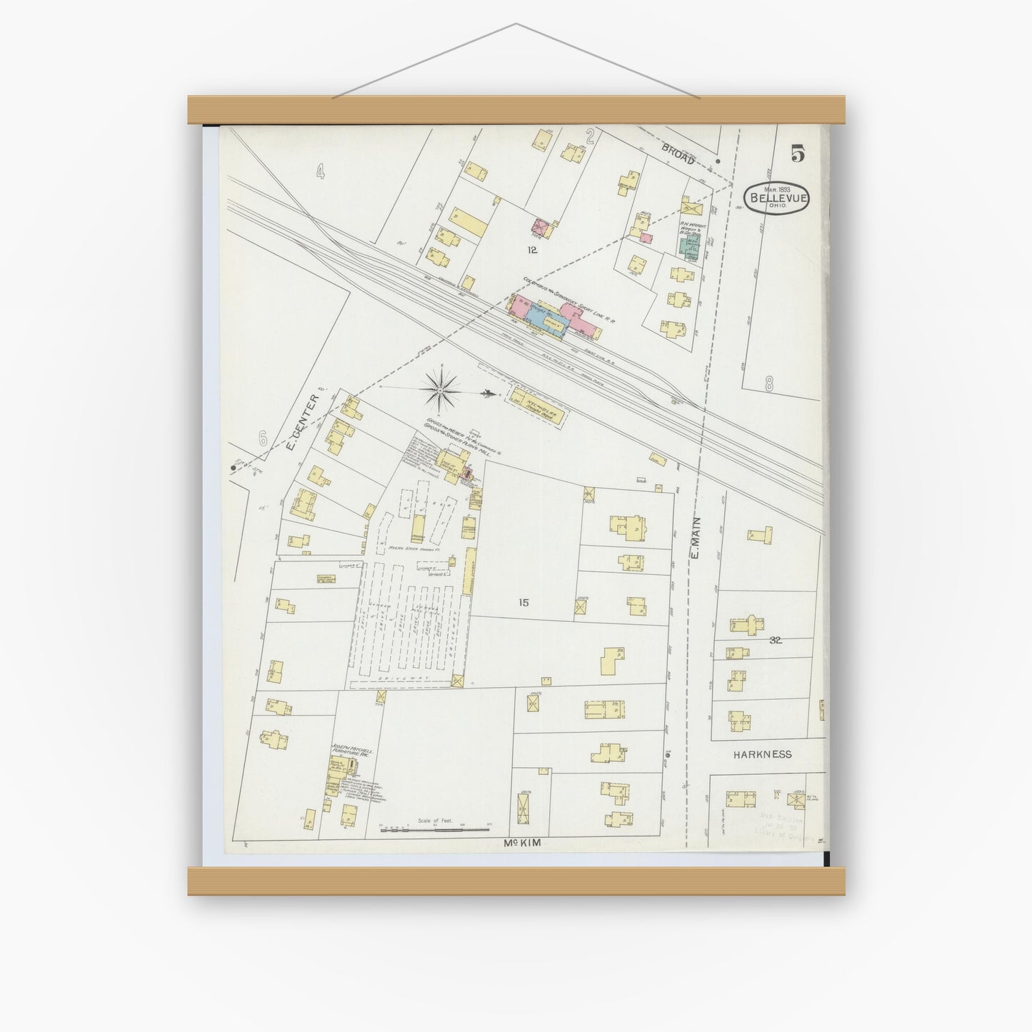 Old map wall art mockup — magnetic wood frame on white wall — Sanborn Fire Insurance Map from Bellevue, Huron And Sandusky County, Ohio (1893), Sheet #0005