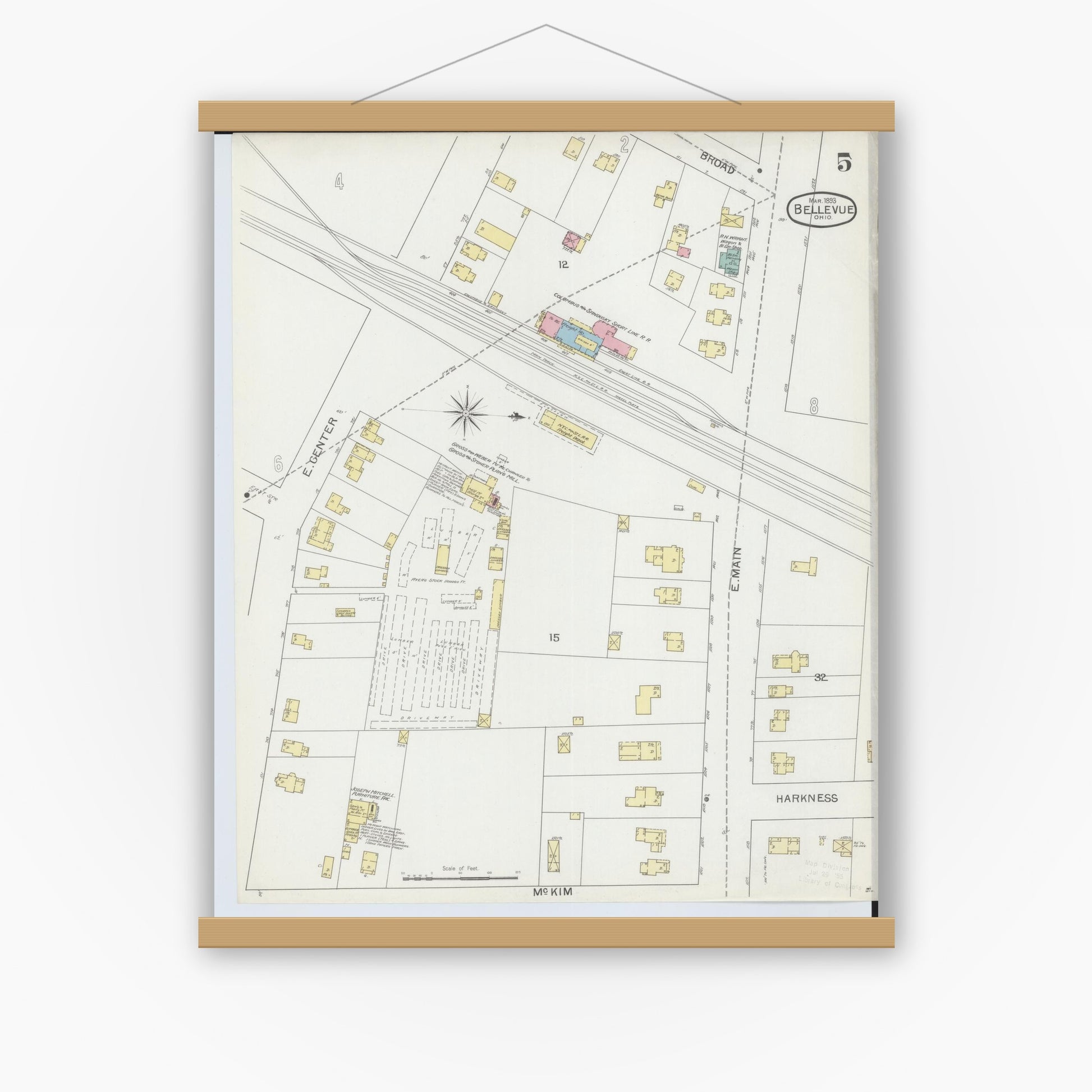Old map wall art mockup — magnetic wood frame on white wall — Sanborn Fire Insurance Map from Bellevue, Huron And Sandusky County, Ohio (1893), Sheet #0005