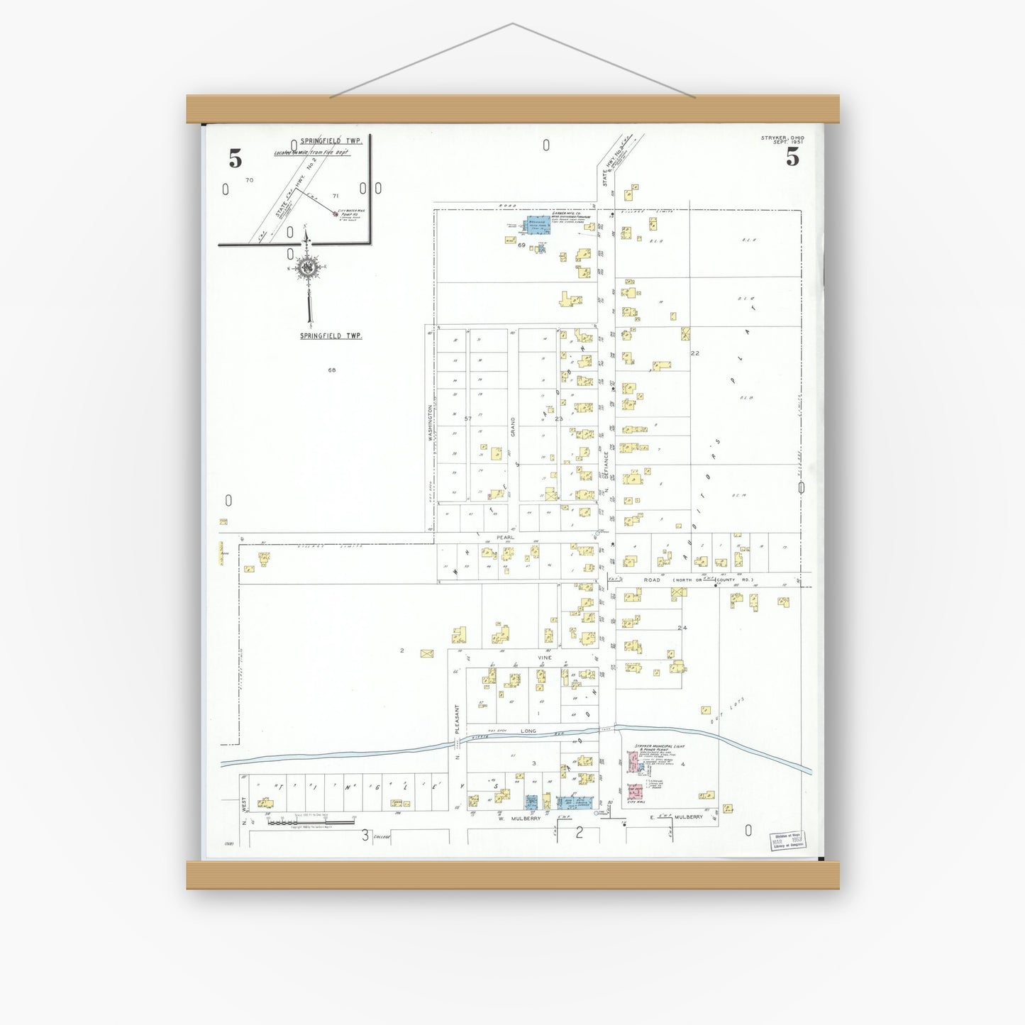 Old map wall art mockup — magnetic wood frame on white wall — Sanborn Fire Insurance Map from Stryker, Williams County, Ohio (1951), Sheet #0005