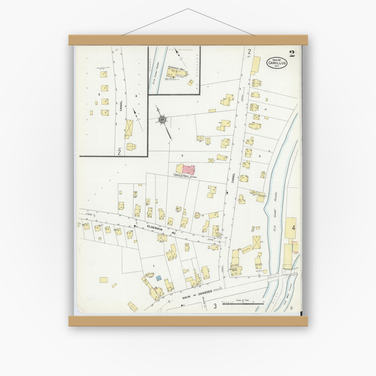 Old map wall art mockup — magnetic wood frame on white wall — Sanborn Fire Insurance Map from Camillus, Onondaga County, New York (1911), Sheet #0002