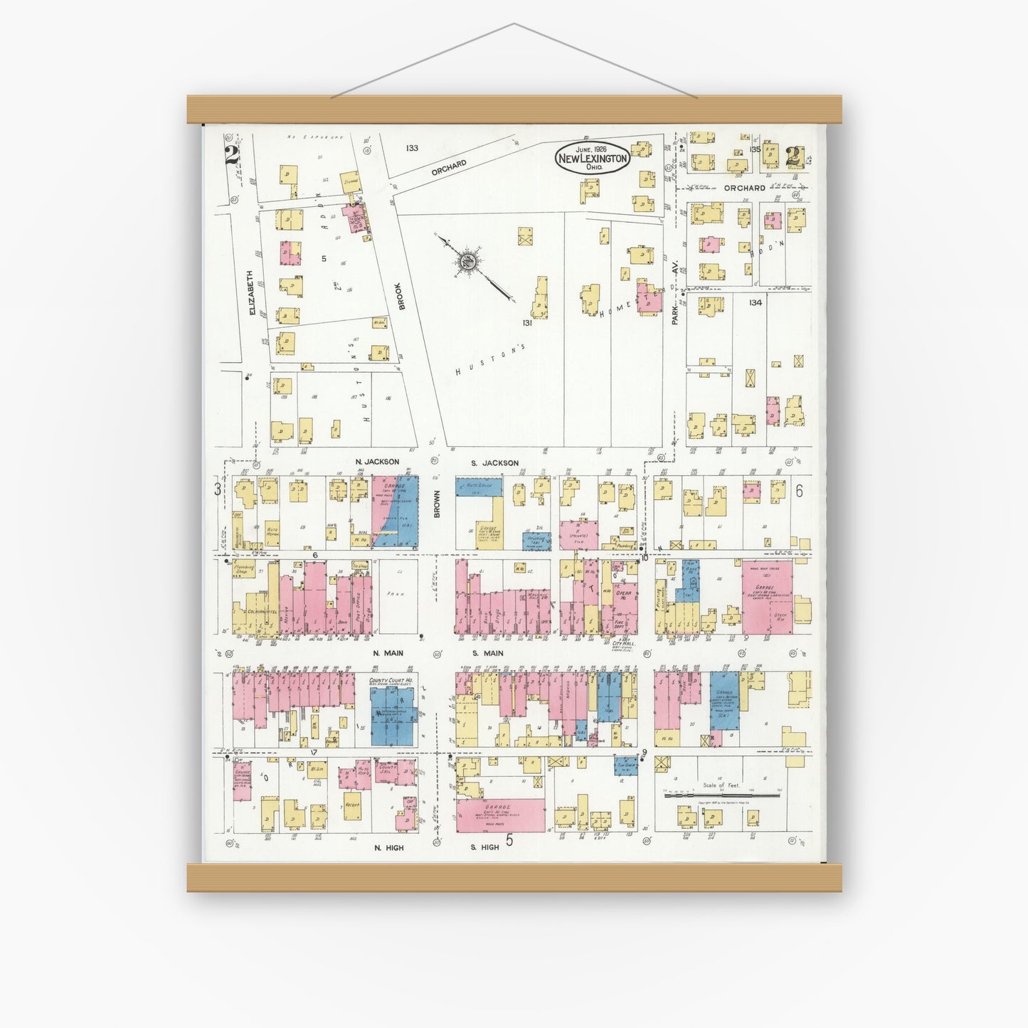 Old map wall art mockup — magnetic wood frame on white wall — Sanborn Fire Insurance Map from New Lexington, Perry County, Ohio (1926), Sheet #0002