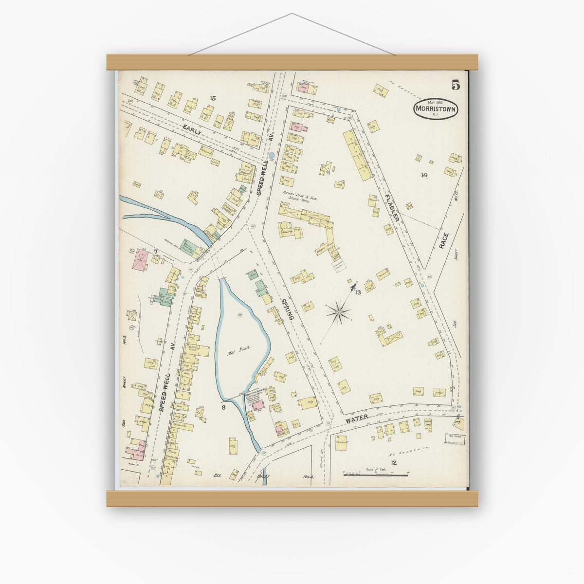 Old map wall art mockup — magnetic wood frame on white wall — Sanborn Fire Insurance Map from Morristown, Morris County, New Jersey (1890), Sheet #0005