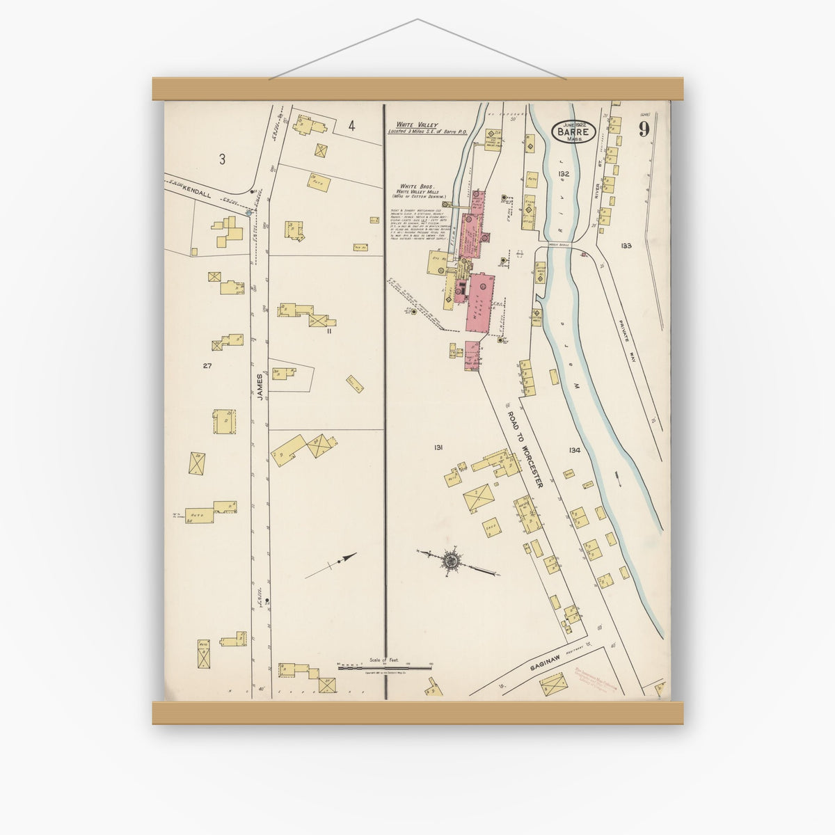 Old map wall art mockup — magnetic wood frame on white wall — Sanborn Fire Insurance Map from Barre, Worcester County, Massachusetts (1922), Sheet #0009