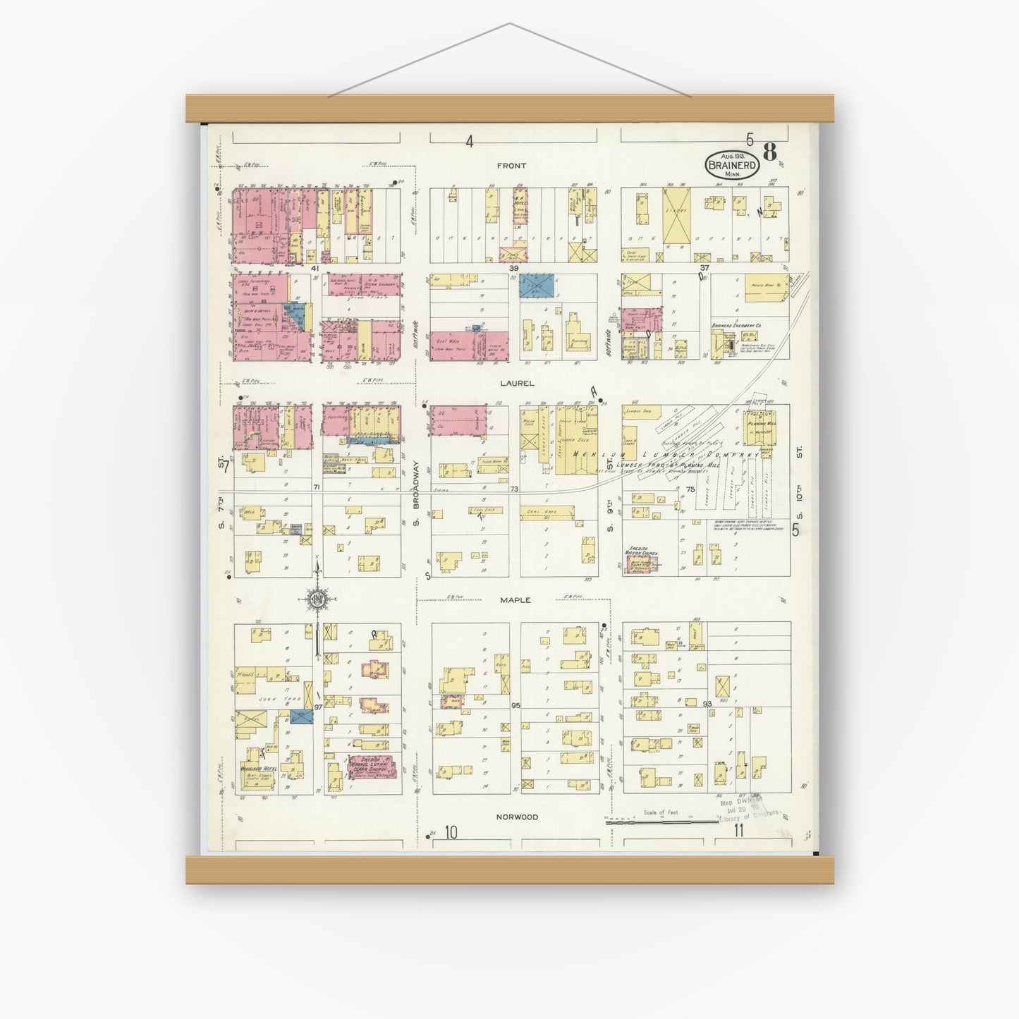 Old map wall art mockup — magnetic wood frame on white wall — Sanborn Fire Insurance Map from Brainerd, Crow Wing County, Minnesota (1913), Sheet #0008