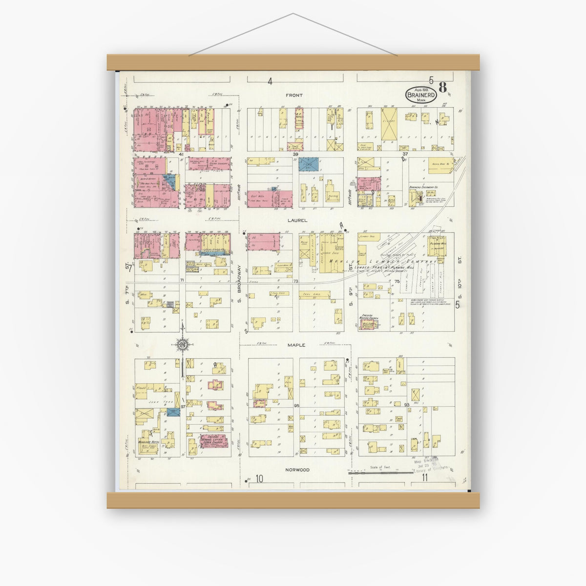 Old map wall art mockup — magnetic wood frame on white wall — Sanborn Fire Insurance Map from Brainerd, Crow Wing County, Minnesota (1913), Sheet #0008
