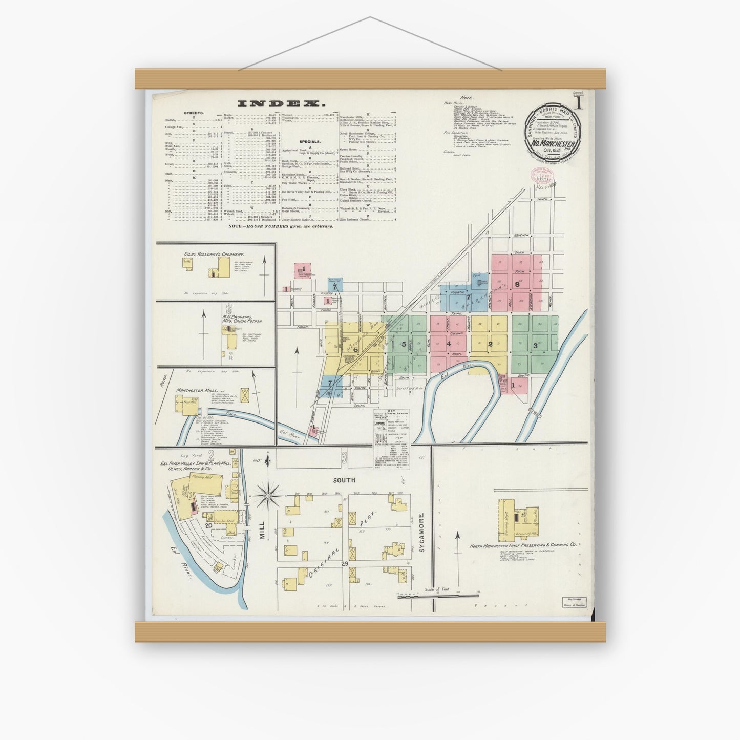 Old map wall art mockup — magnetic wood frame on white wall — Sanborn Fire Insurance Map from North Manchester, Wabash County, Indiana (1895) - Complete Map Set