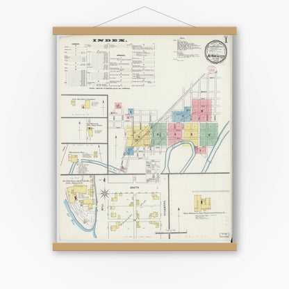 Old map wall art mockup — magnetic wood frame on white wall — Sanborn Fire Insurance Map from North Manchester, Wabash County, Indiana (1895) - Complete Map Set