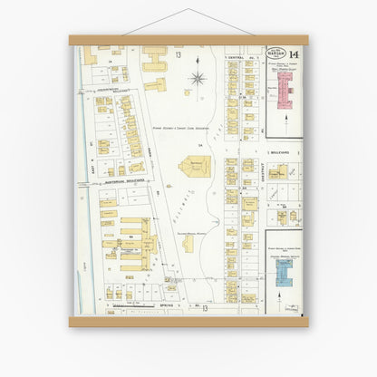 Old map wall art mockup — magnetic wood frame on white wall — Sanborn Fire Insurance Map from Warsaw, Kosciusko County, Indiana (1905), Sheet #0014