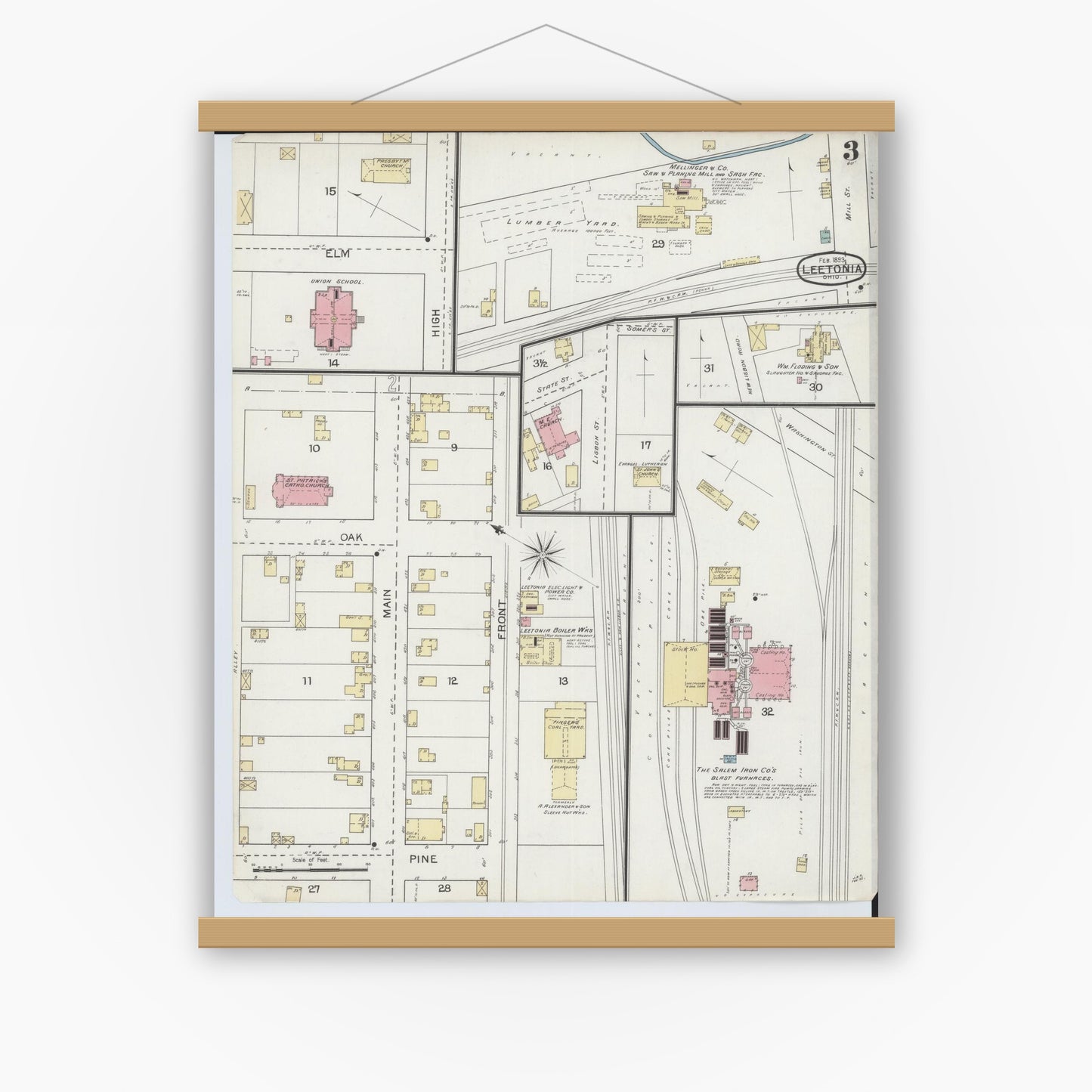 Old map wall art mockup — magnetic wood frame on white wall — Sanborn Fire Insurance Map from Leetonia, Columbiana County, Ohio (1893), Sheet #0003