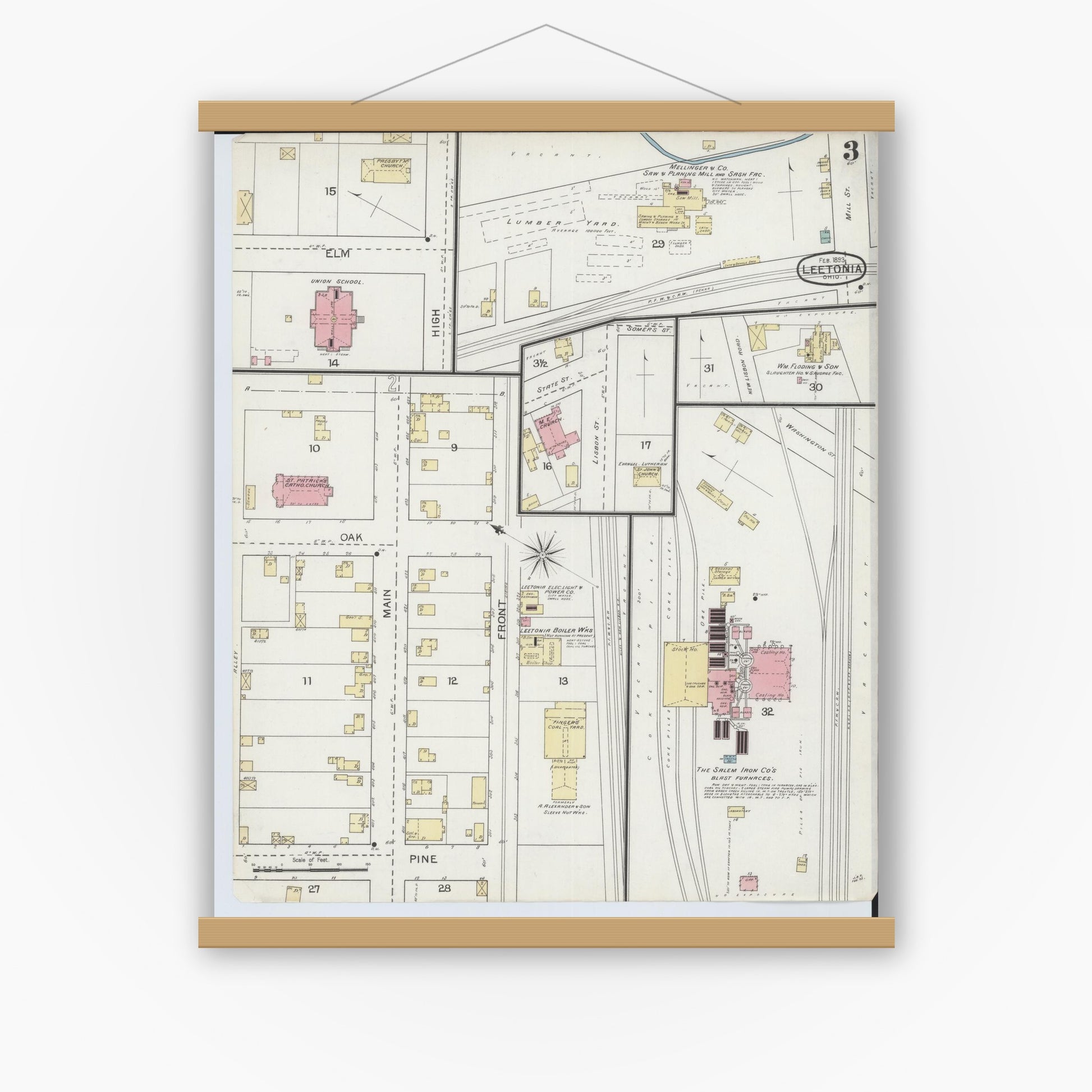 Old map wall art mockup — magnetic wood frame on white wall — Sanborn Fire Insurance Map from Leetonia, Columbiana County, Ohio (1893), Sheet #0003
