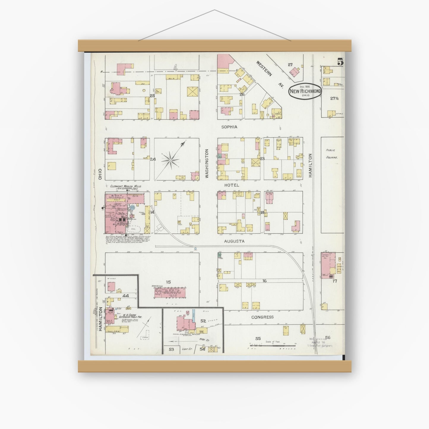 Old map wall art mockup — magnetic wood frame on white wall — Sanborn Fire Insurance Map from New Richmond, Clermont County, Ohio (1892), Sheet #0005