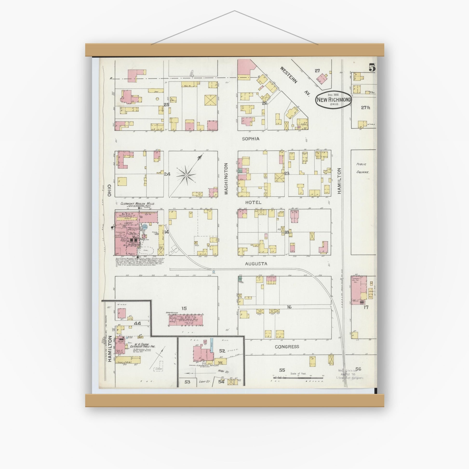 Old map wall art mockup — magnetic wood frame on white wall — Sanborn Fire Insurance Map from New Richmond, Clermont County, Ohio (1892), Sheet #0005
