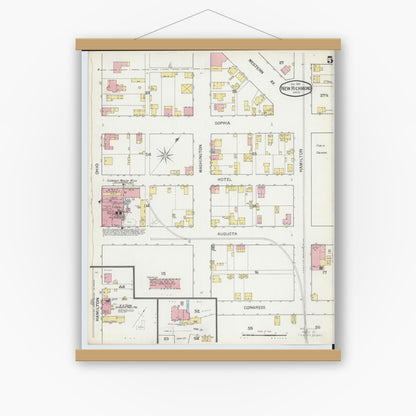 Old map wall art mockup — magnetic wood frame on white wall — Sanborn Fire Insurance Map from New Richmond, Clermont County, Ohio (1892), Sheet #0005