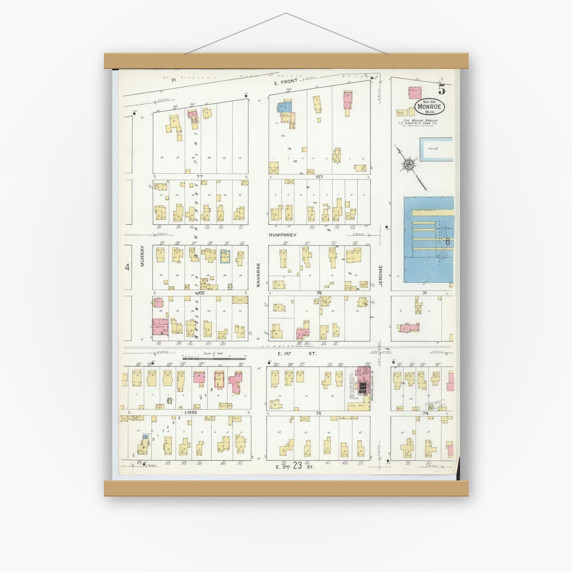 Old map wall art mockup — magnetic wood frame on white wall — Sanborn Fire Insurance Map from Monroe, Monroe County, Michigan (1916), Sheet #0005