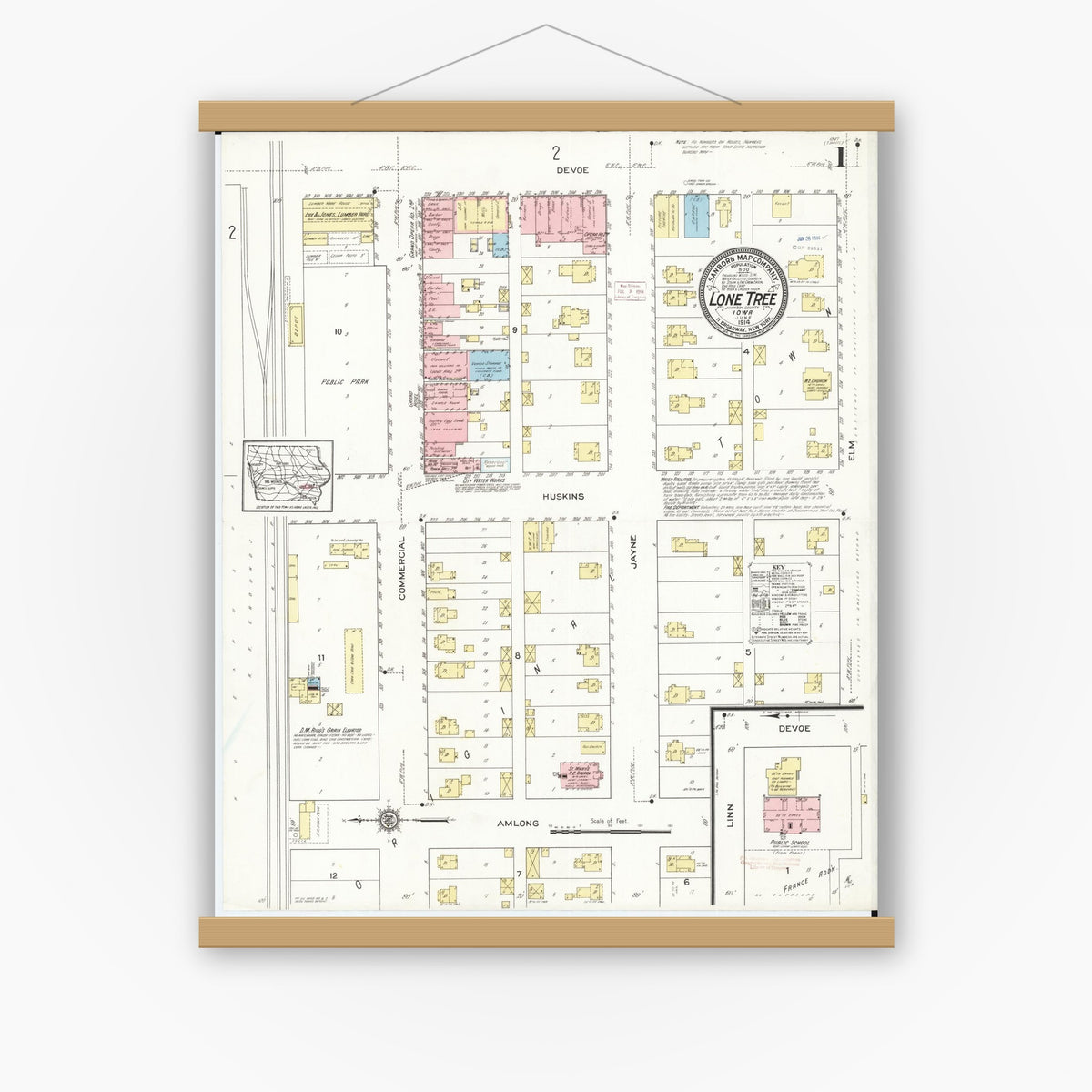 Old map wall art mockup — magnetic wood frame on white wall — Sanborn Fire Insurance Map from Lone Tree, Johnson County, Iowa (1914) â€” Complete Set