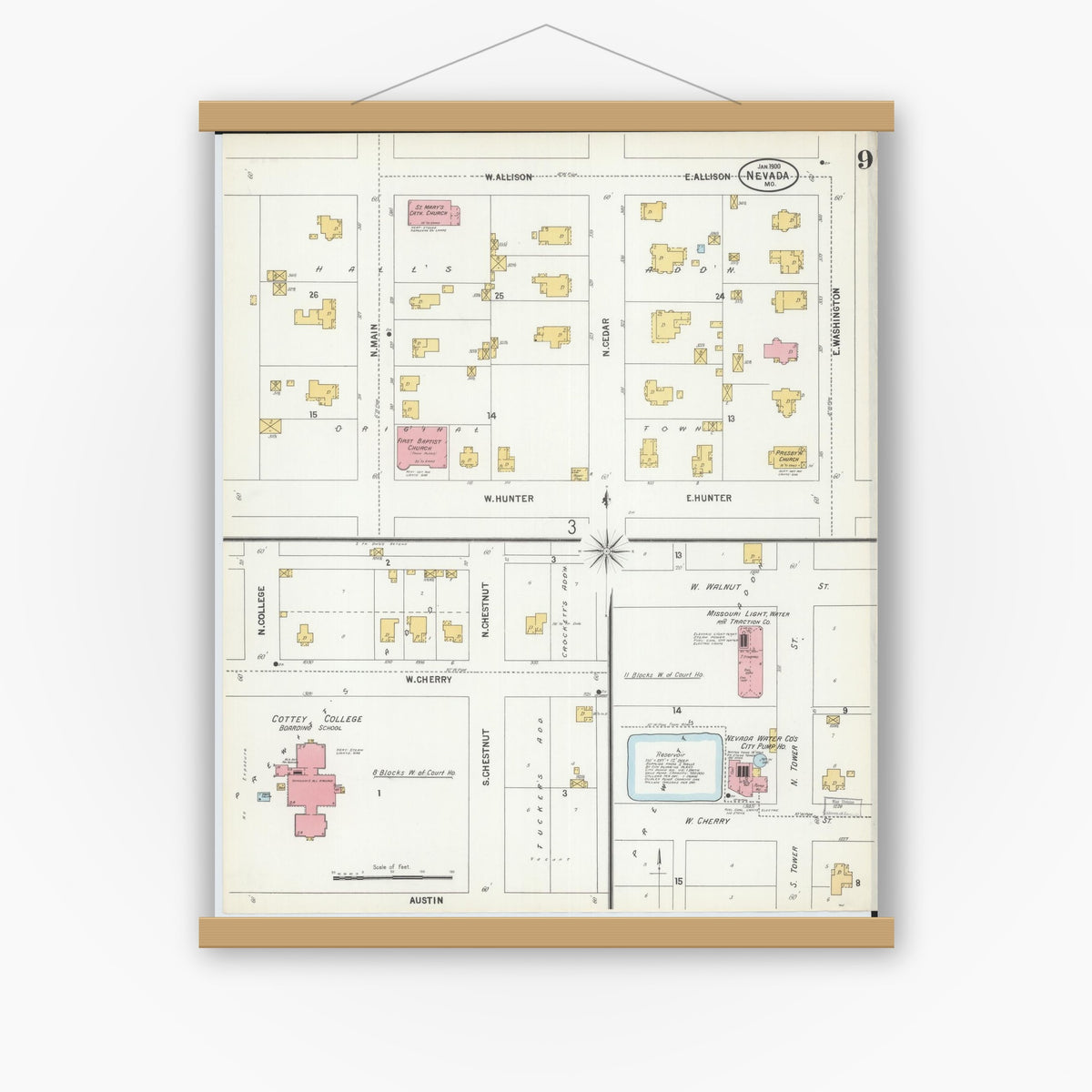 Old map wall art mockup — magnetic wood frame on white wall — Sanborn Fire Insurance Map from Nevada, Vernon County, Missouri (1900), Sheet #0009