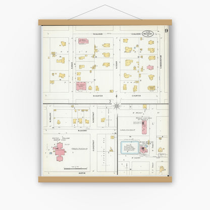 Old map wall art mockup — magnetic wood frame on white wall — Sanborn Fire Insurance Map from Nevada, Vernon County, Missouri (1900), Sheet #0009