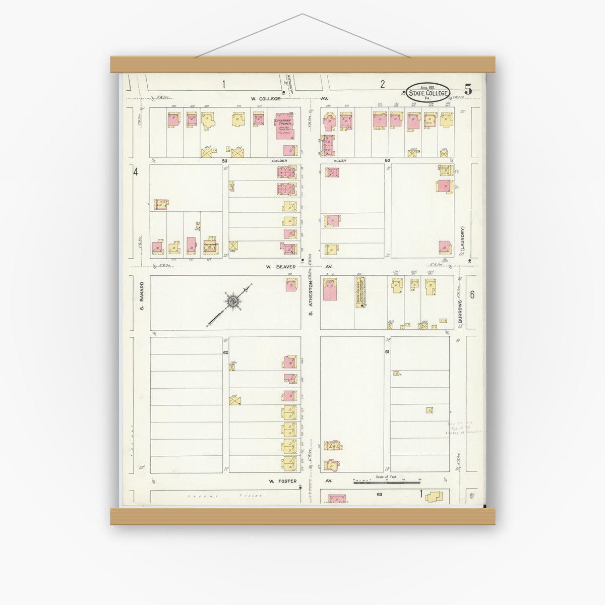 Old map wall art mockup — magnetic wood frame on white wall — Sanborn Fire Insurance Map from State College, Centre County, Pennsylvania (1911), Sheet #0005