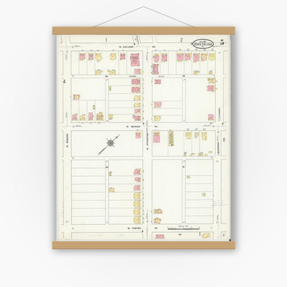 Old map wall art mockup — magnetic wood frame on white wall — Sanborn Fire Insurance Map from State College, Centre County, Pennsylvania (1911), Sheet #0005