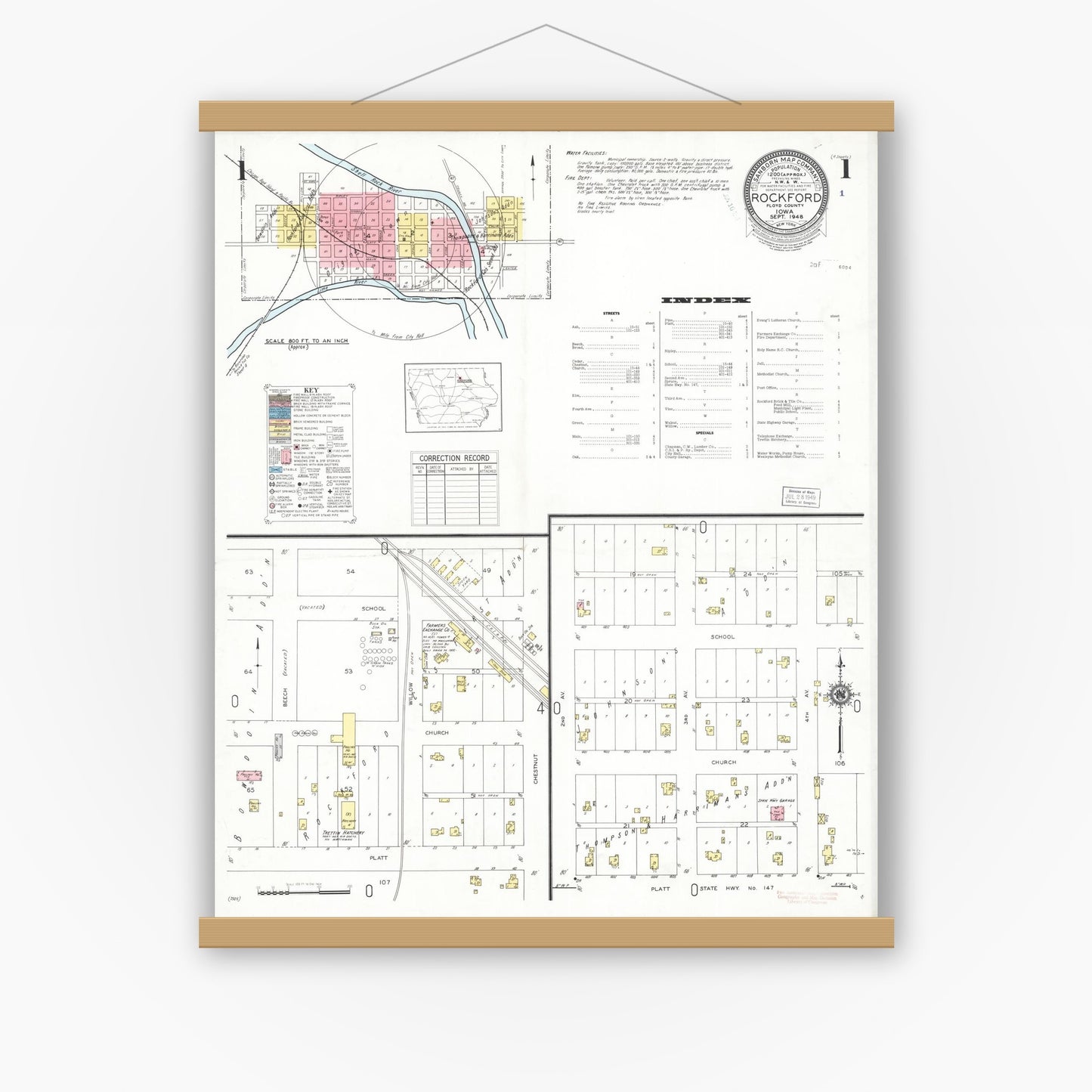 Old map wall art mockup — magnetic wood frame on white wall — Sanborn Fire Insurance Map from Rockford, Floyd County, Iowa (1948) â€” Complete Set