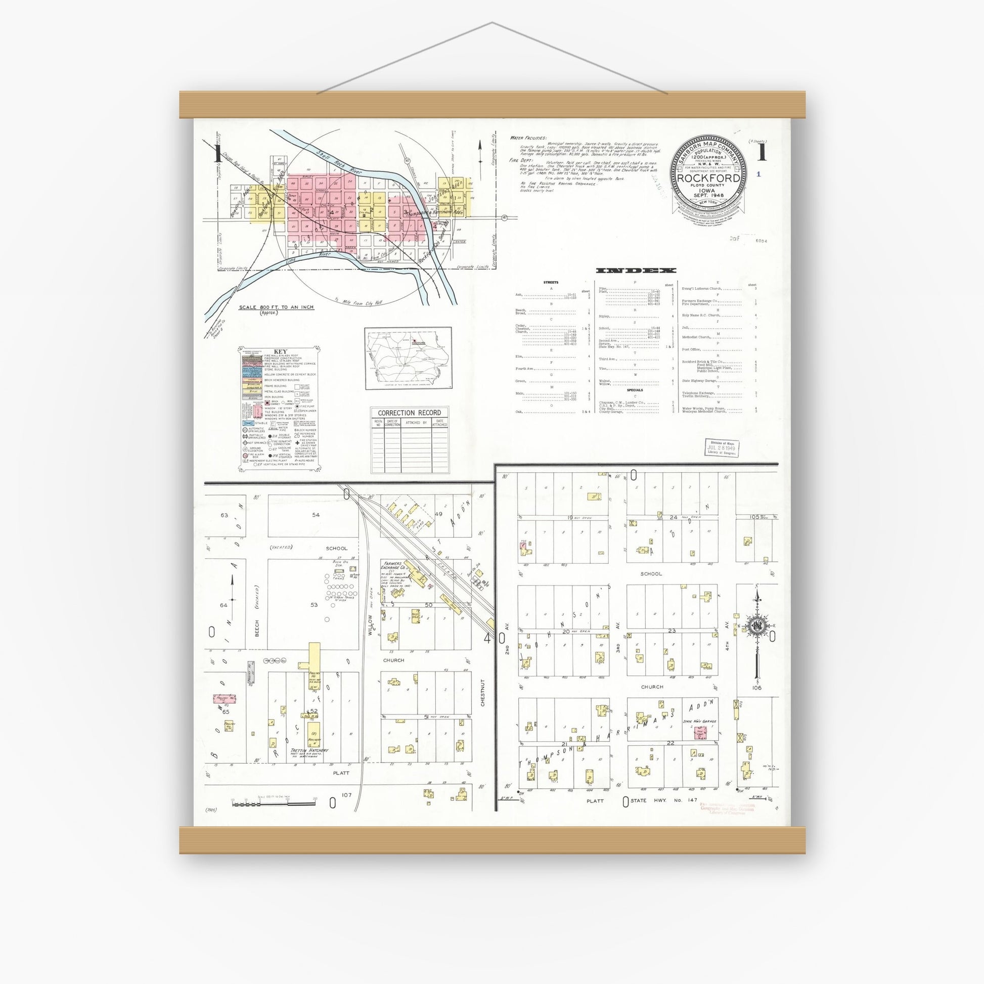 Old map wall art mockup — magnetic wood frame on white wall — Sanborn Fire Insurance Map from Rockford, Floyd County, Iowa (1948) â€” Complete Set