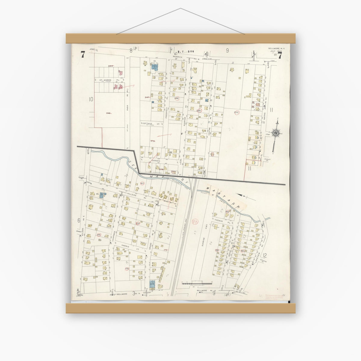 Old map wall art mockup — magnetic wood frame on white wall — Sanborn Fire Insurance Map from Bellmore, Nassau County, New York (1945), Sheet #0007