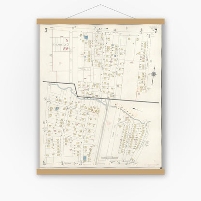 Old map wall art mockup — magnetic wood frame on white wall — Sanborn Fire Insurance Map from Bellmore, Nassau County, New York (1945), Sheet #0007