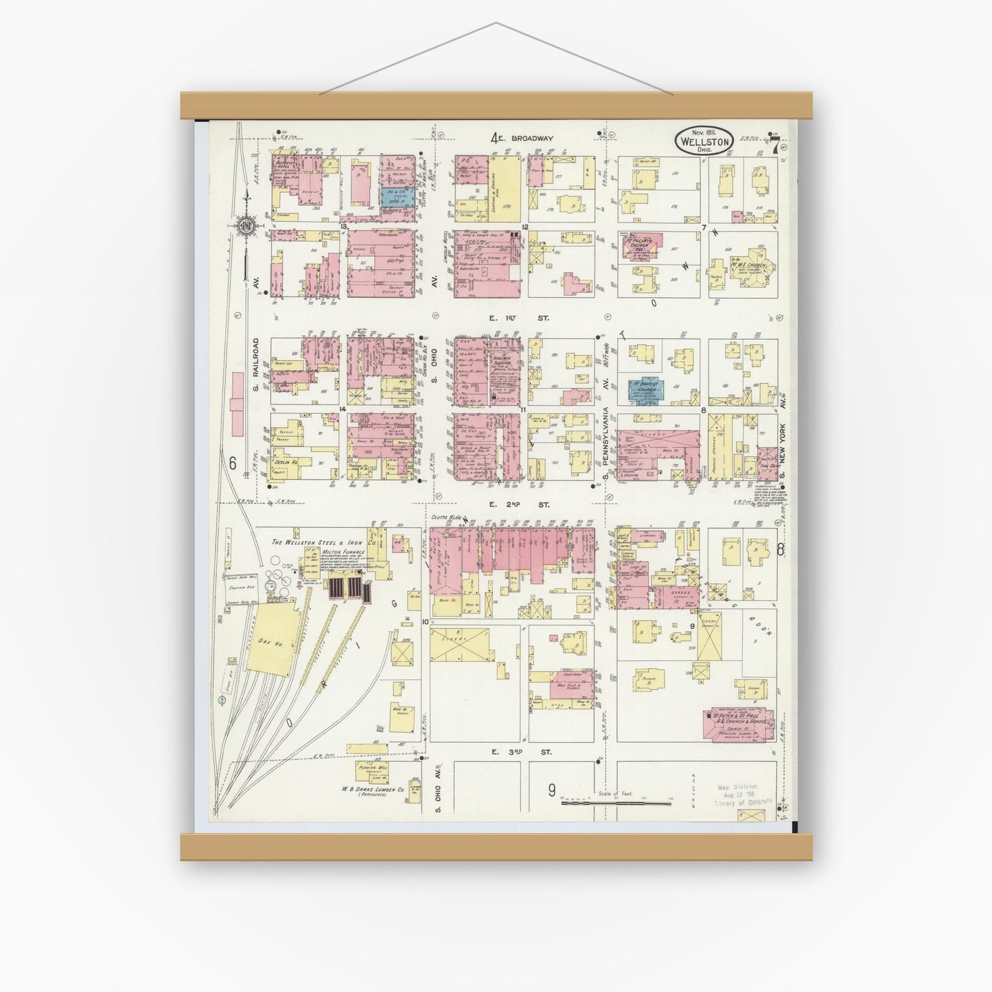 Old map wall art mockup — magnetic wood frame on white wall — Sanborn Fire Insurance Map from Wellston, Jackson County, Ohio (1911), Sheet #0007