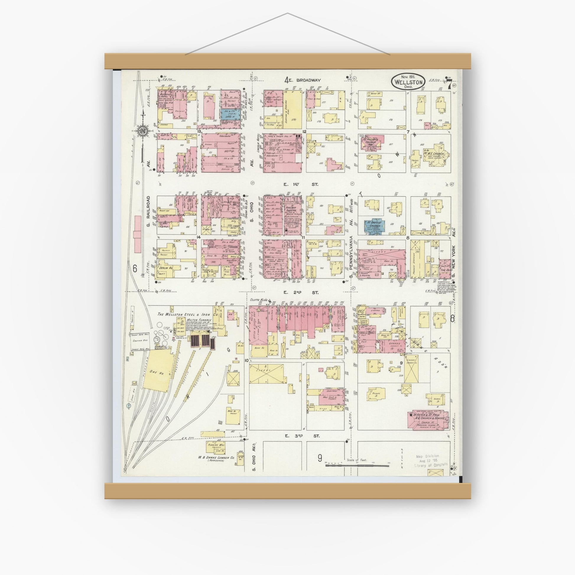 Old map wall art mockup — magnetic wood frame on white wall — Sanborn Fire Insurance Map from Wellston, Jackson County, Ohio (1911), Sheet #0007