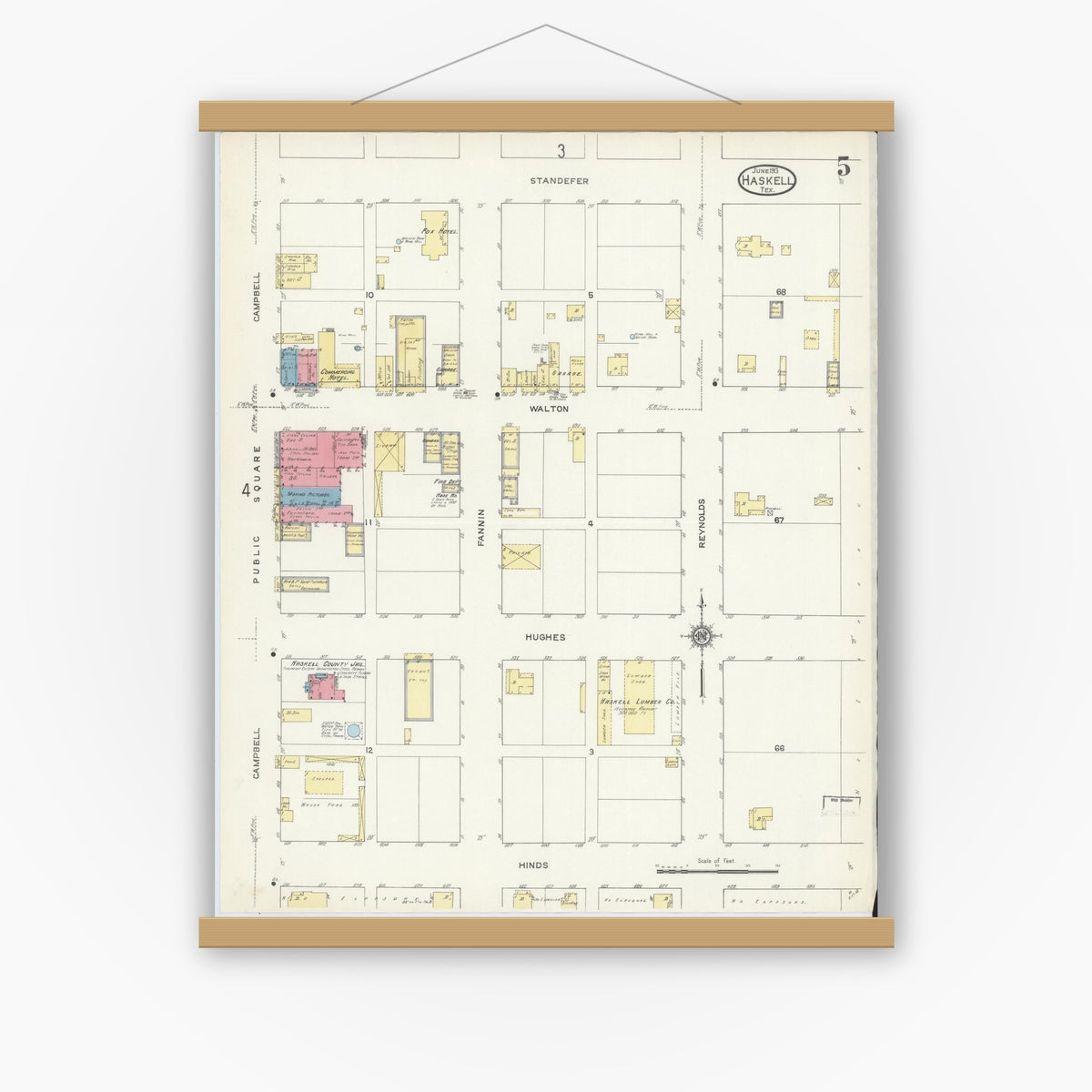 Old map wall art mockup — magnetic wood frame on white wall — Sanborn Fire Insurance Map from Haskell, Haskell County, Texas (1913), Sheet #0005