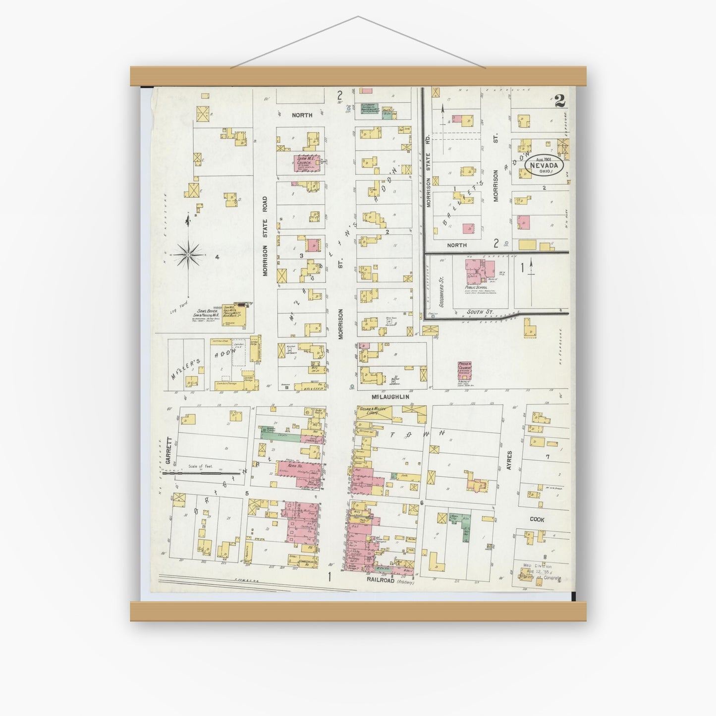 Old map wall art mockup — magnetic wood frame on white wall — Sanborn Fire Insurance Map from Nevada, Wyandot County, Ohio (1901), Sheet #0002
