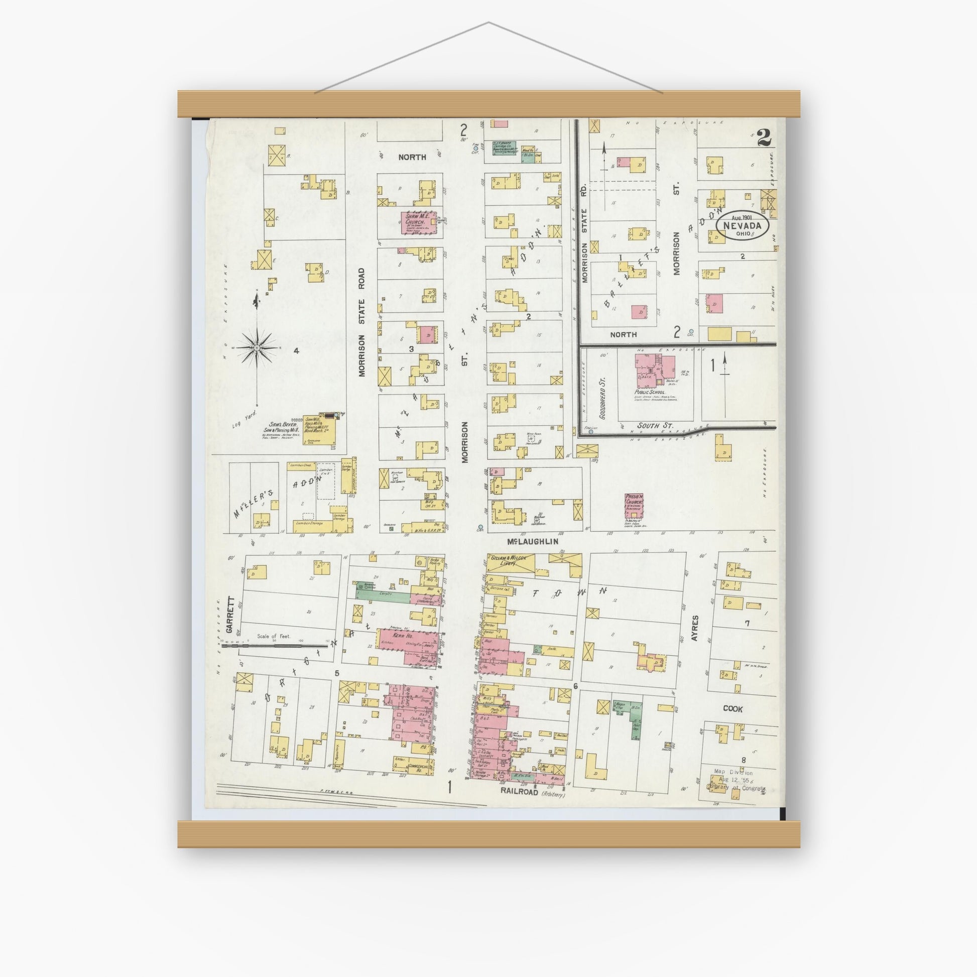 Old map wall art mockup — magnetic wood frame on white wall — Sanborn Fire Insurance Map from Nevada, Wyandot County, Ohio (1901), Sheet #0002