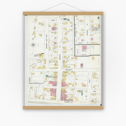 Old map wall art mockup — magnetic wood frame on white wall — Sanborn Fire Insurance Map from Nevada, Wyandot County, Ohio (1901), Sheet #0002
