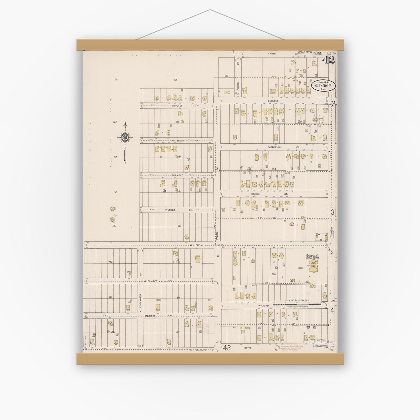 Old map wall art mockup — magnetic wood frame on white wall — Sanborn Fire Insurance Map from Glendale, Los Angeles County, California (1919), Sheet #0042
