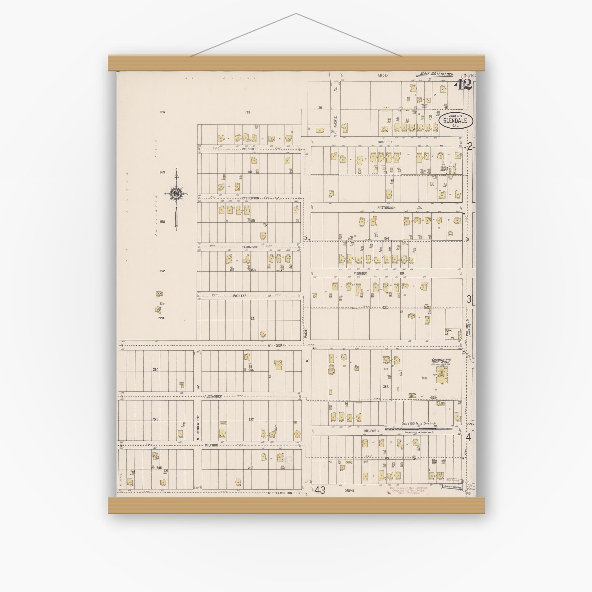 Old map wall art mockup — magnetic wood frame on white wall — Sanborn Fire Insurance Map from Glendale, Los Angeles County, California (1919), Sheet #0042