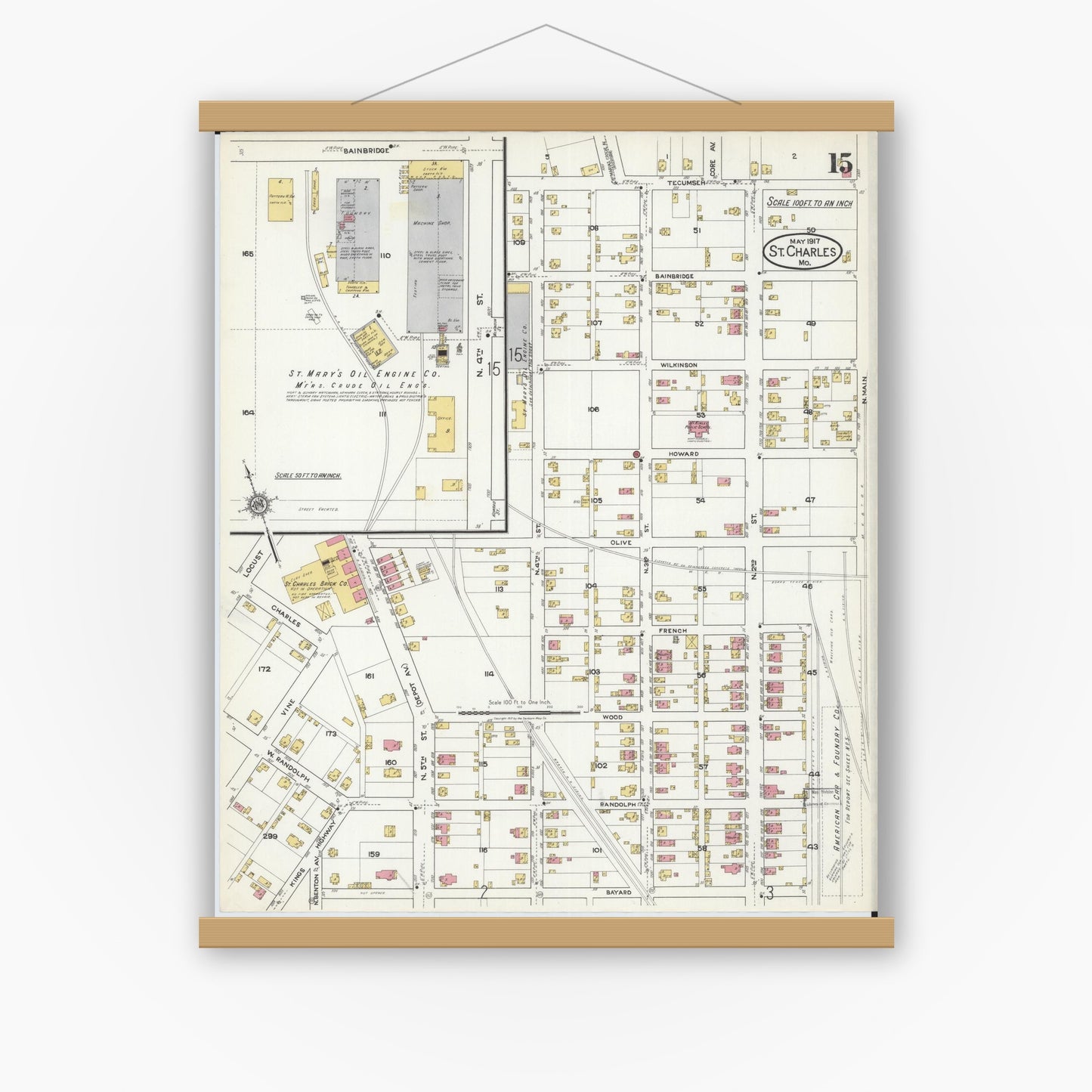 Old map wall art mockup — magnetic wood frame on white wall — Sanborn Fire Insurance Map from Saint Charles, Saint Charles County, Missouri (1917), Sheet #0015