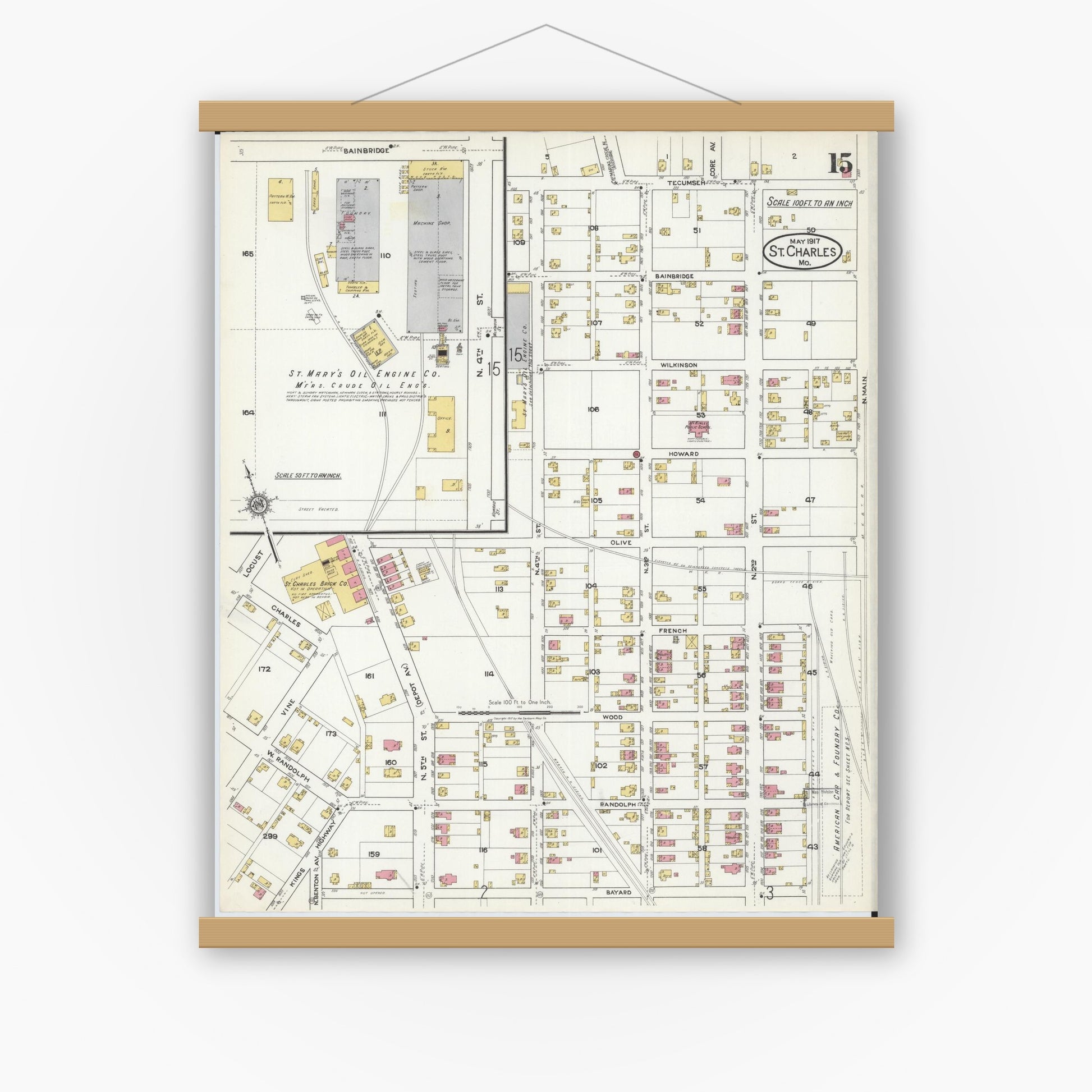 Old map wall art mockup — magnetic wood frame on white wall — Sanborn Fire Insurance Map from Saint Charles, Saint Charles County, Missouri (1917), Sheet #0015