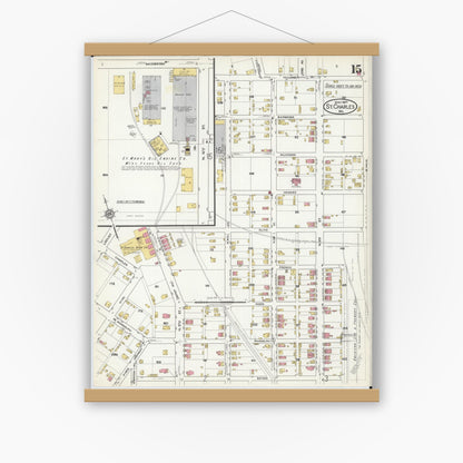 Old map wall art mockup — magnetic wood frame on white wall — Sanborn Fire Insurance Map from Saint Charles, Saint Charles County, Missouri (1917), Sheet #0015