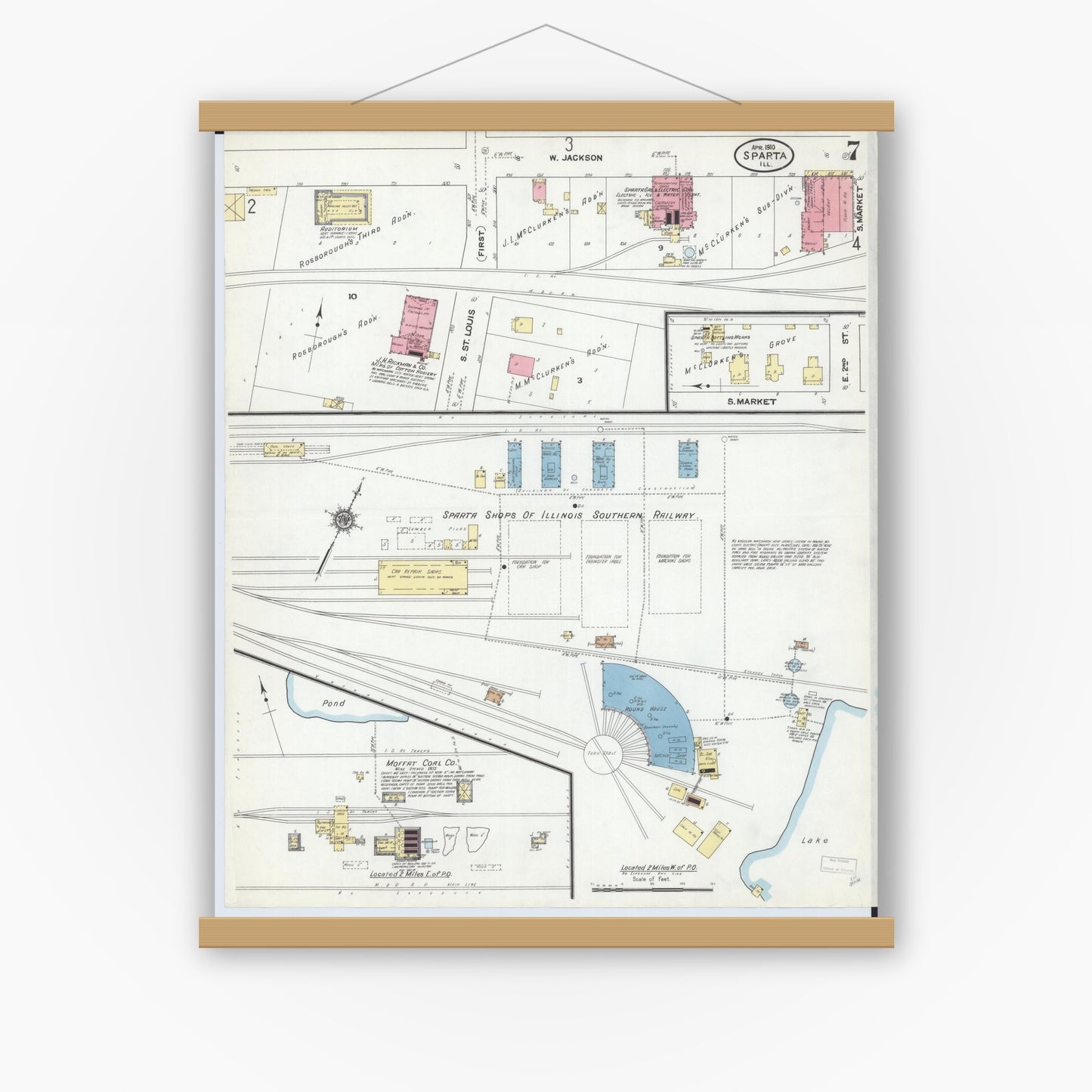 Old map wall art mockup — magnetic wood frame on white wall — Sanborn Fire Insurance Map from Sparta, Randolph County, Illinois (1910), Sheet #0007