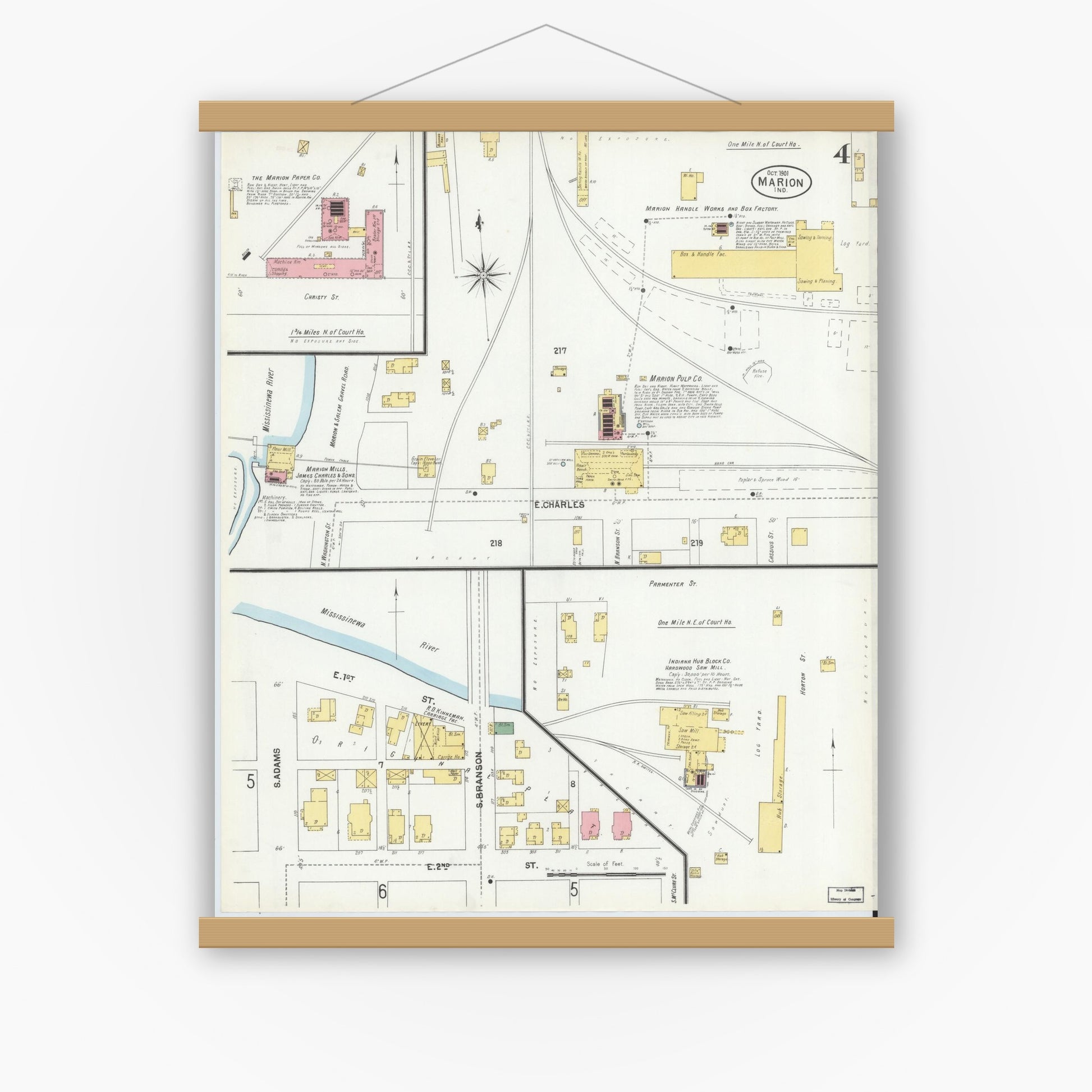 Old map wall art mockup — magnetic wood frame on white wall — Sanborn Fire Insurance Map from Marion, Grant County, Indiana (1901), Sheet #0004