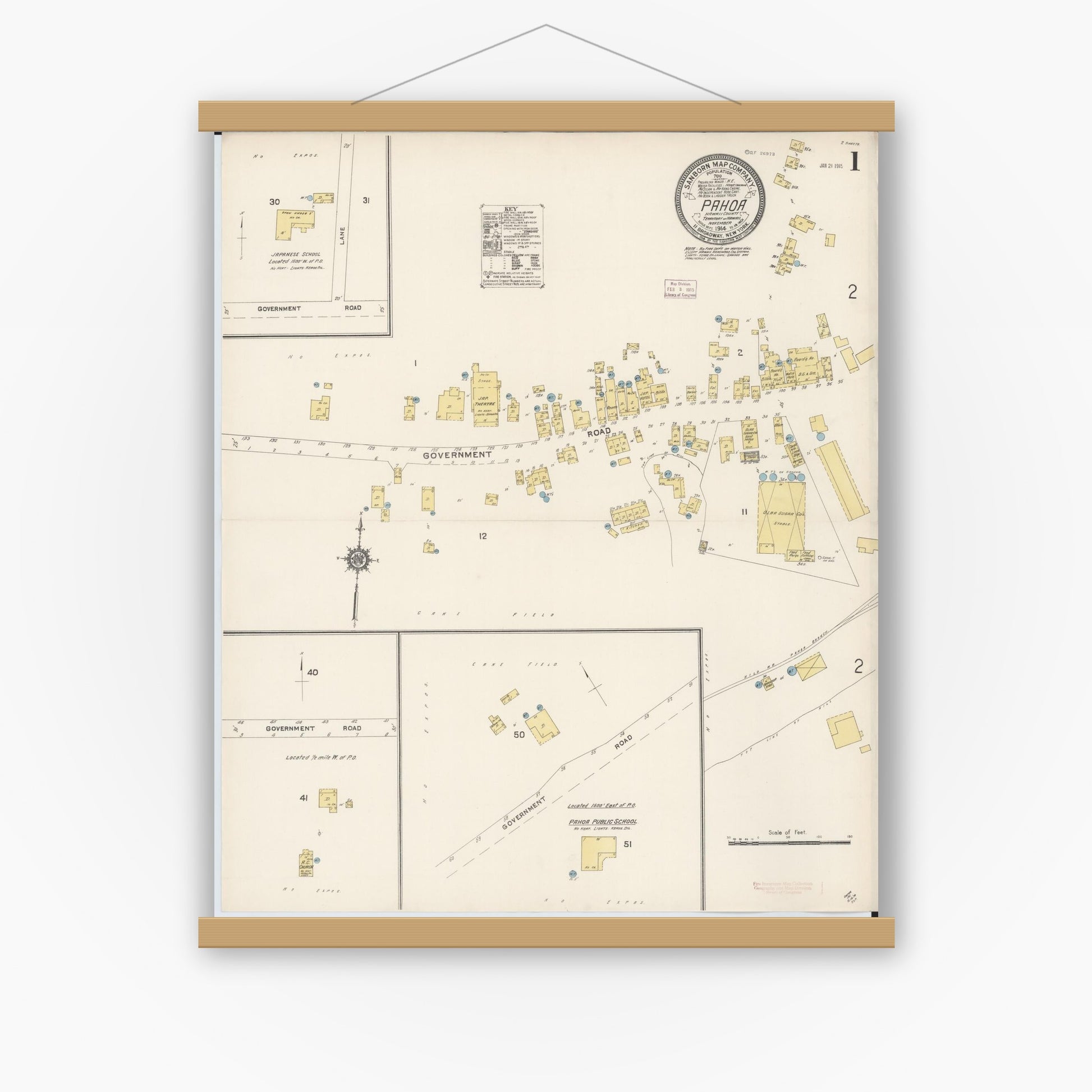 Old map wall art mockup — magnetic wood frame on white wall — Sanborn Fire Insurance Map from Pahoa, Hawaii County, Hawaii (1914), Sheet #0001