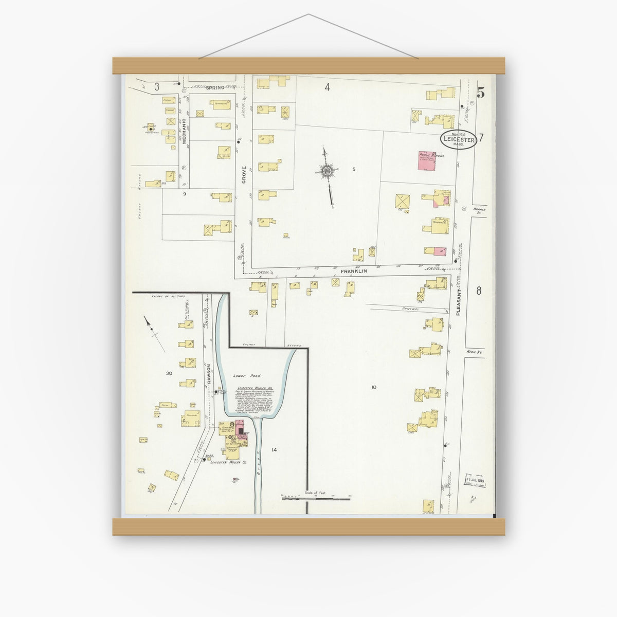 Old map wall art mockup — magnetic wood frame on white wall — Sanborn Fire Insurance Map from Leicester, Worcester County, Massachusetts (1910), Sheet #0005