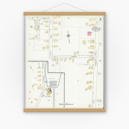 Old map wall art mockup — magnetic wood frame on white wall — Sanborn Fire Insurance Map from Leicester, Worcester County, Massachusetts (1910), Sheet #0005