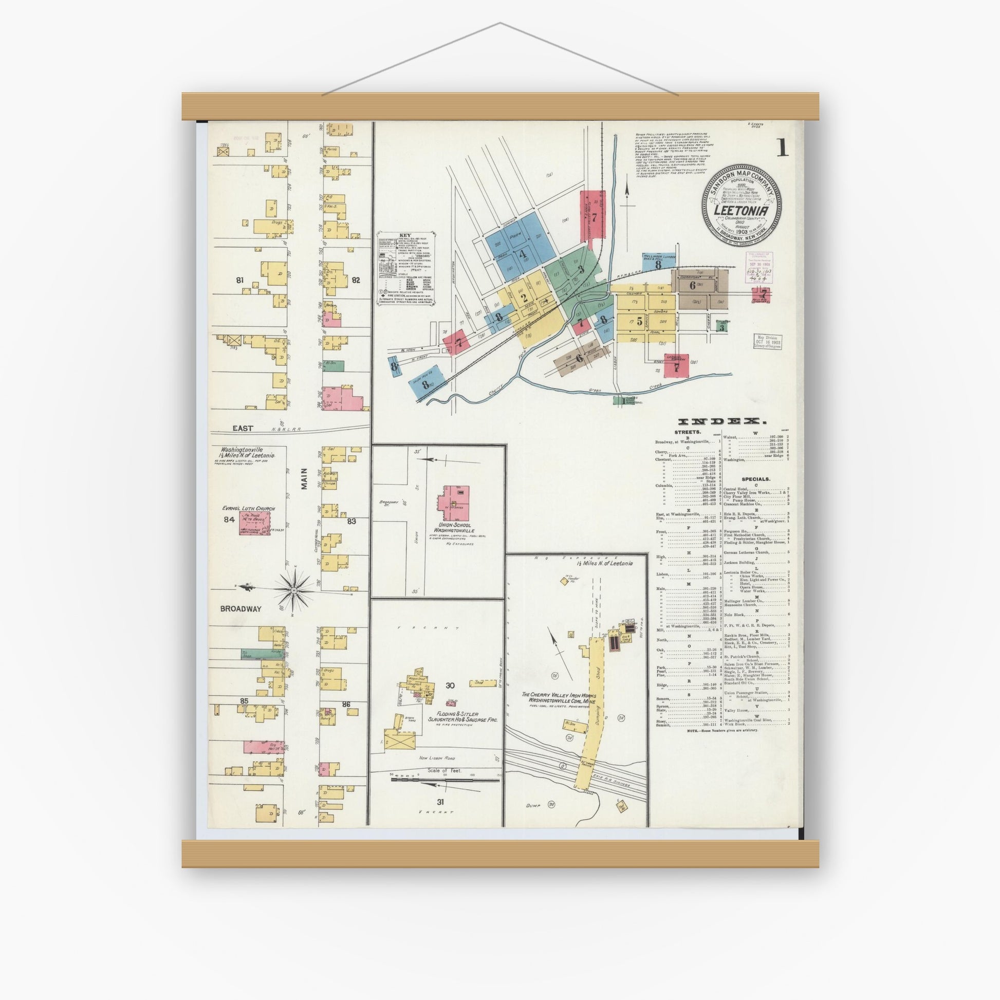Old map wall art mockup — magnetic wood frame on white wall — Sanborn Fire Insurance Map from Leetonia, Columbiana County, Ohio (1903), Sheet #0001